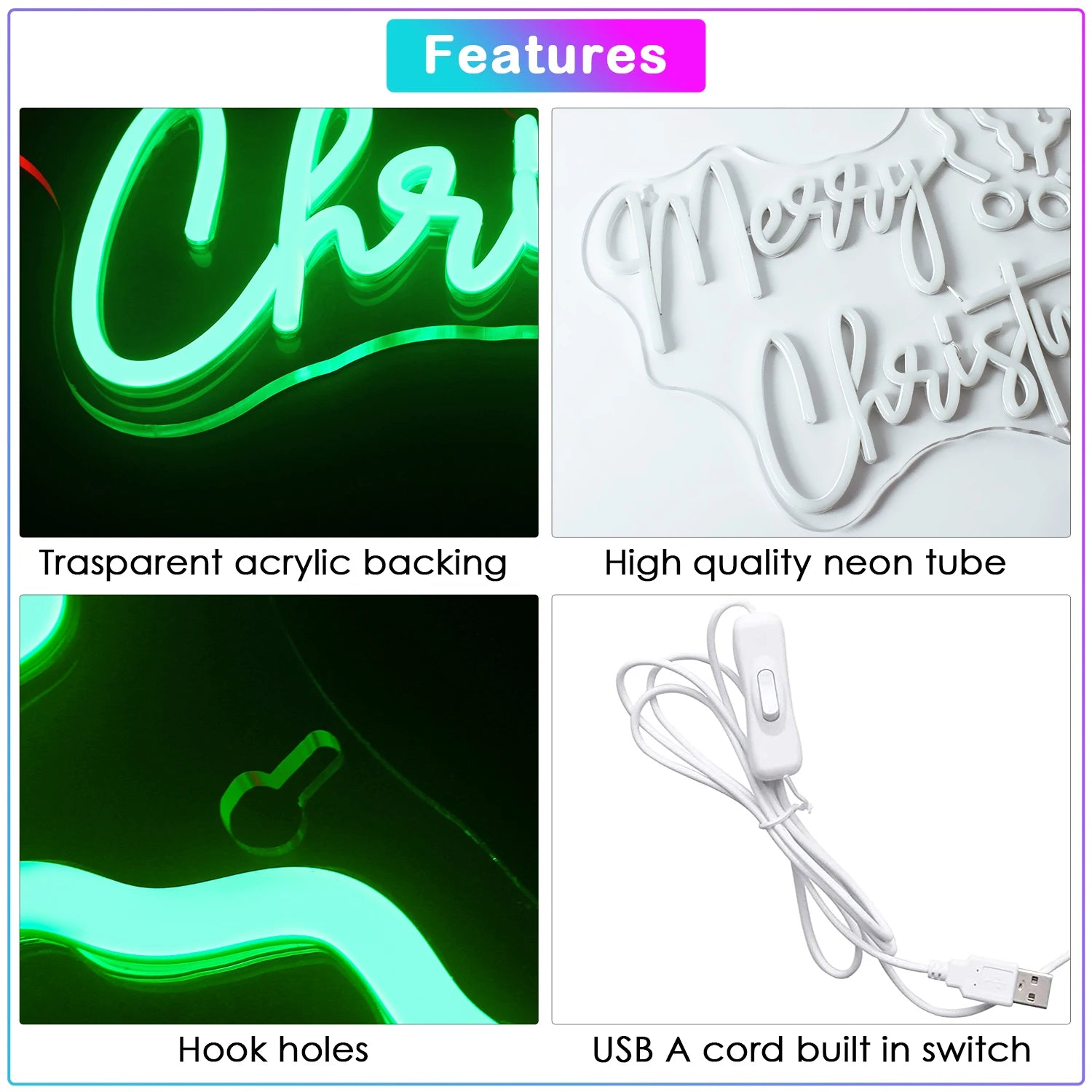 Merry Christmas LED Neon Sign (USB-Powered, Dimmable, 42cm x 25cm)