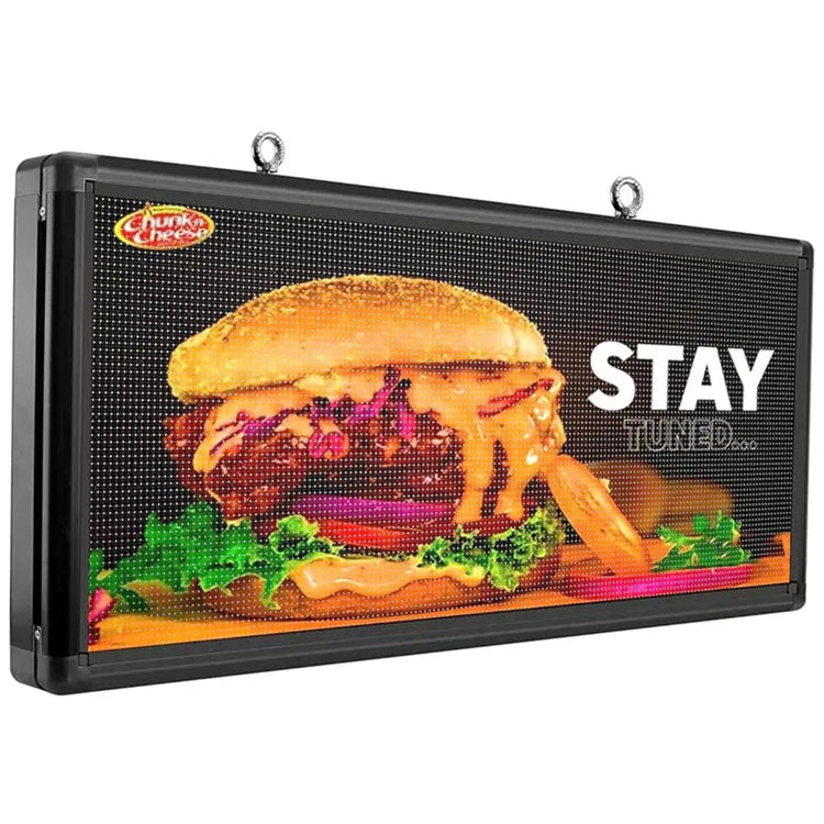 LED sign with a burger graphic and 'Stay Tuned' text on a white background