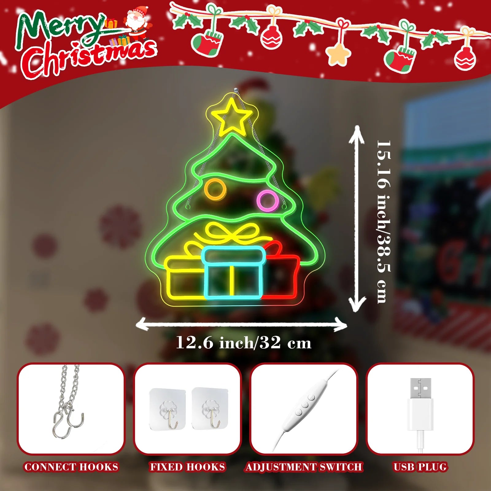 Christmas Tree LED Neon Sign (USB-Powered, Dimmable)