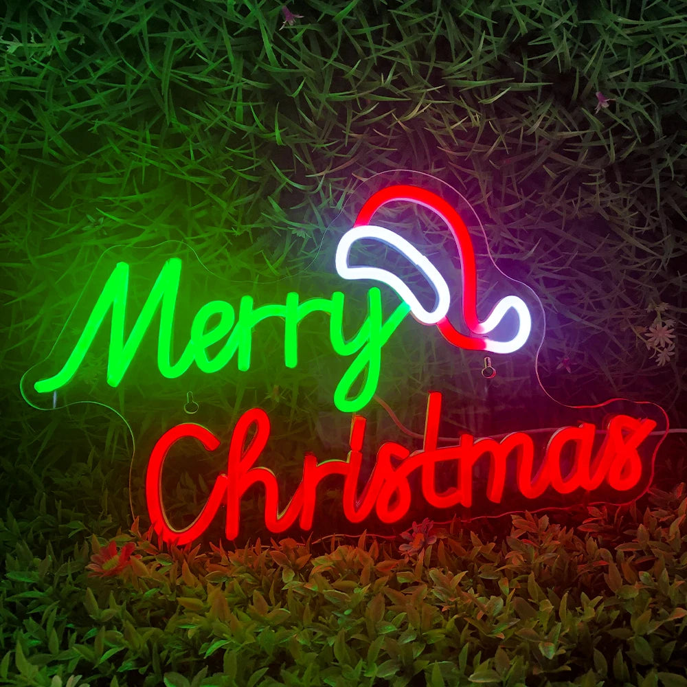 "Merry Christmas with X'Mas Hat" LED Neon Sign (USB Powered, Dimmable)