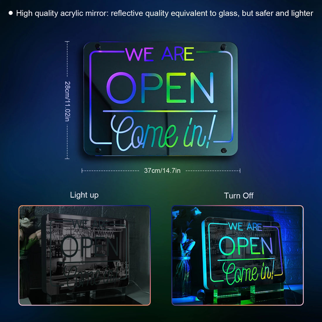 Open Sign "WE'RE OPEN - Come In" (Mirror, RGB, USB-Powered)