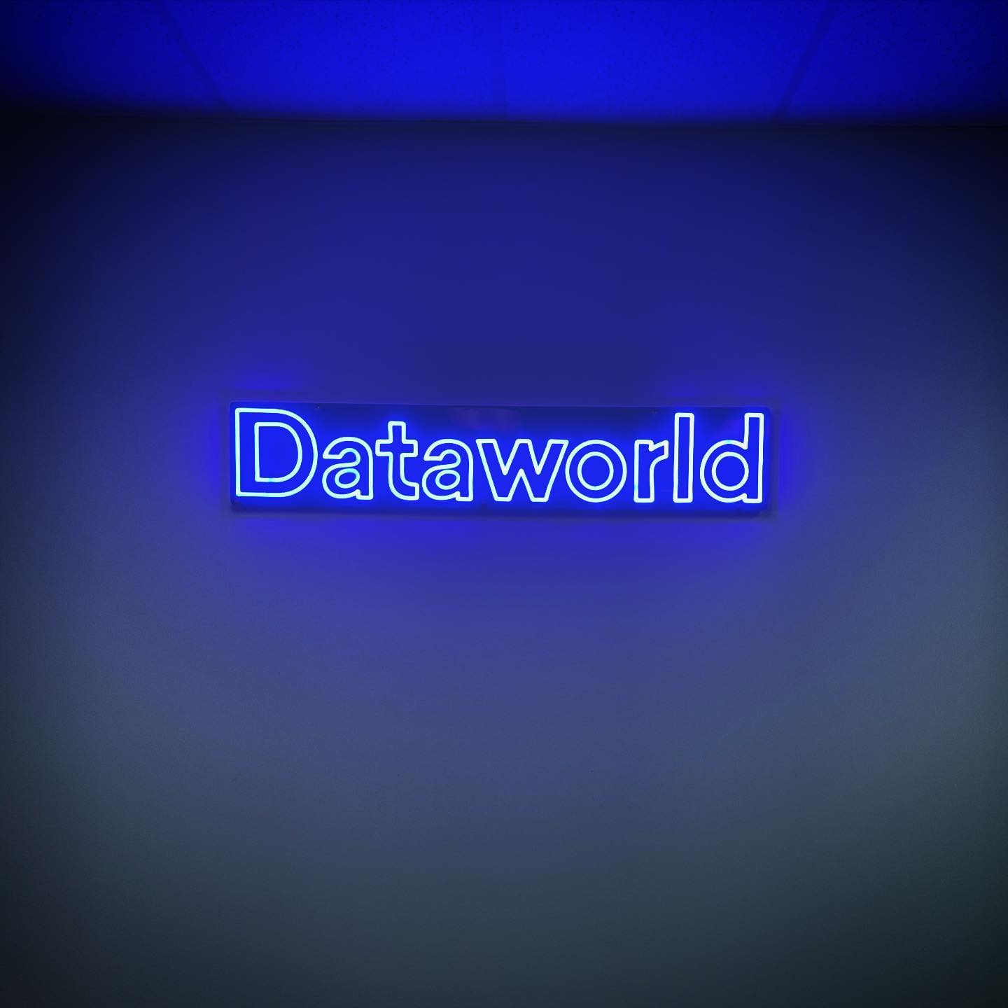blue neon sign that says &quot;dataworld&quot;